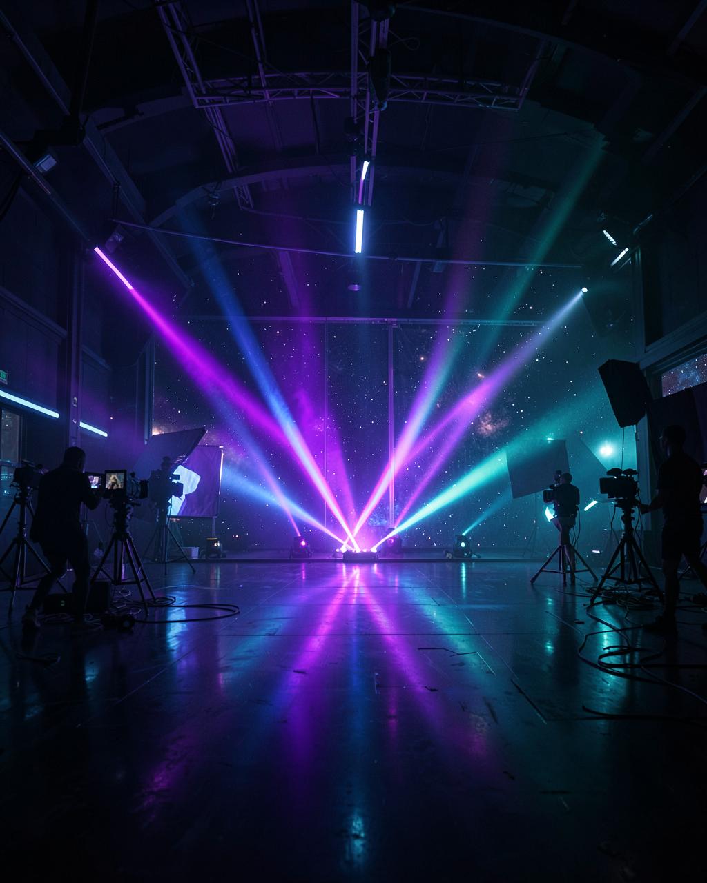 Madhakal Creation film set glowing with purple and cyan volumetric light